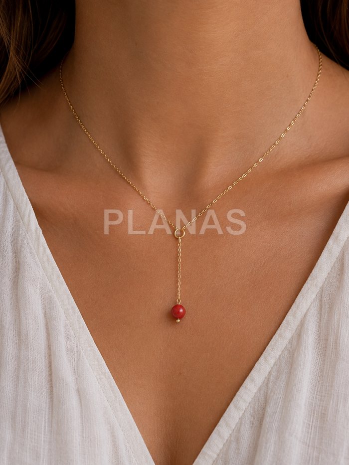 Collar en Plata de ley y y Baño Oro con bola de Coral de 8mm.