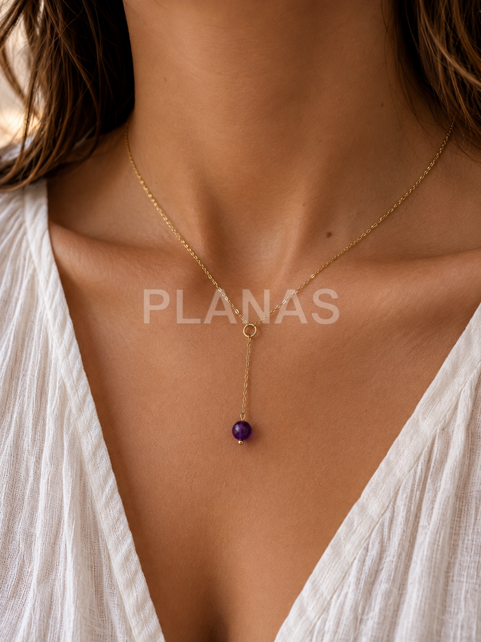Collar en Plata de ley y y Baño Oro con bola de Amatista en 8mm.
