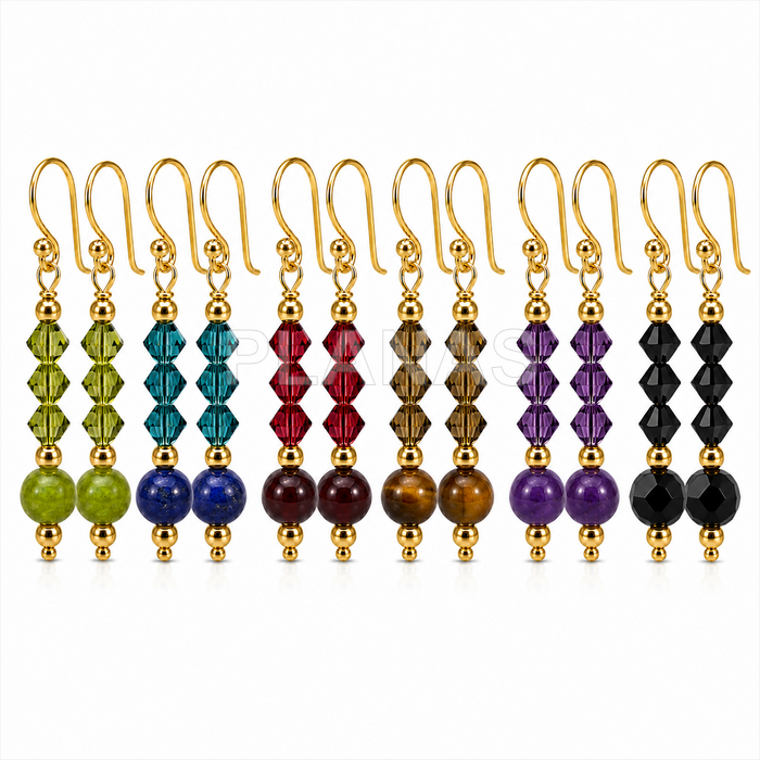 Brincos em prata de lei com banho de ouro, com componente swarovski e mineral. 