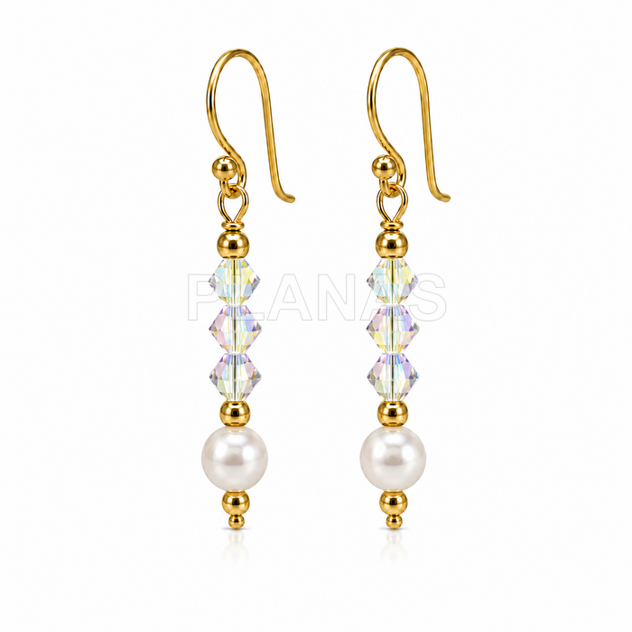 Pendientes en Plata de ley y Baño Oro con Componente Swarovski , Tupis y Perla .