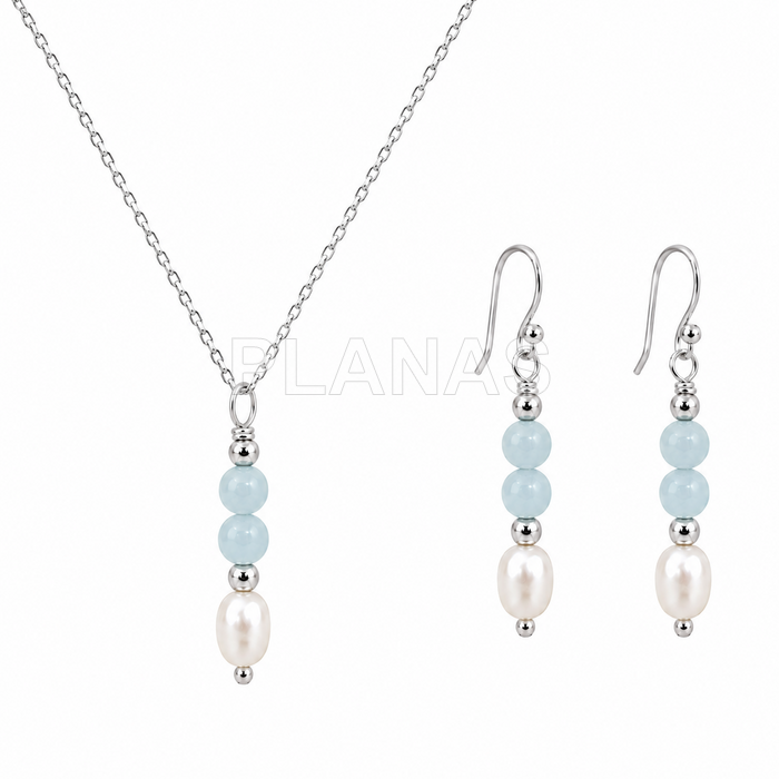 Conjunto Collar y Pendientes en plata de ley con perla cultivada y Aguamarina.  