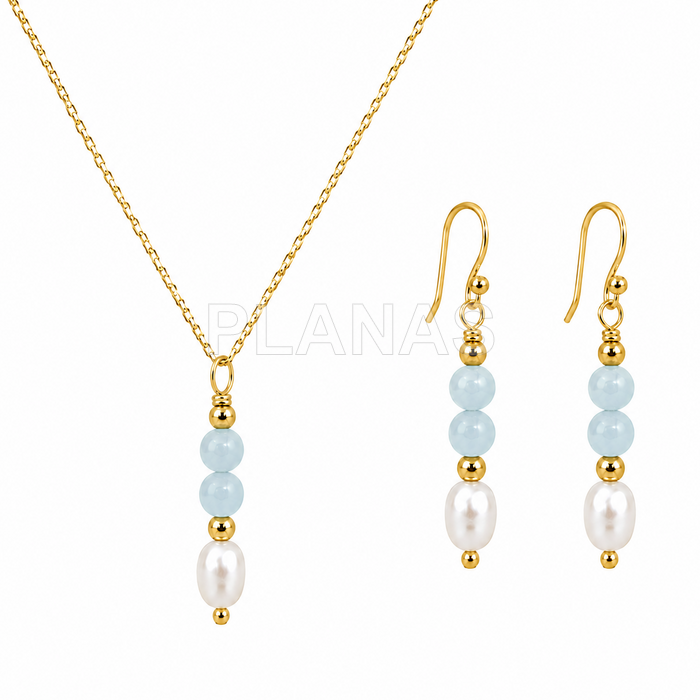 Conjunto Collar y Pendientes en plata de ley y Baño Oro con perla cultivada y Aguamarina.  