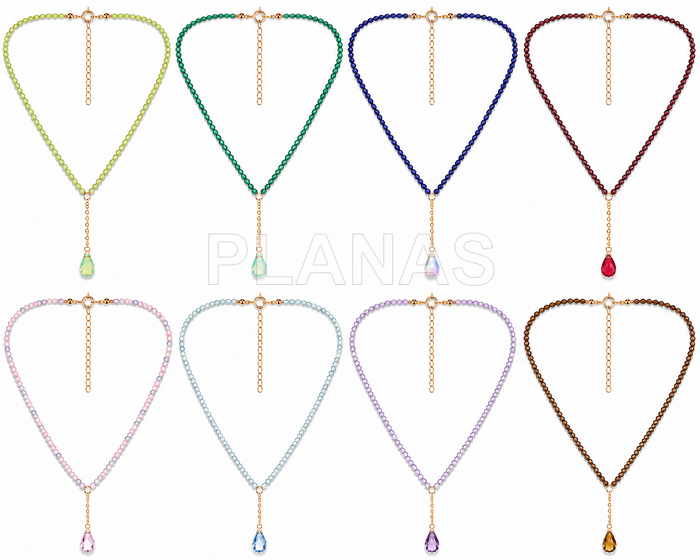 Colar em prata de lei e banhado a ouro com componente em forma de gota de mineral e cristal swarovski.