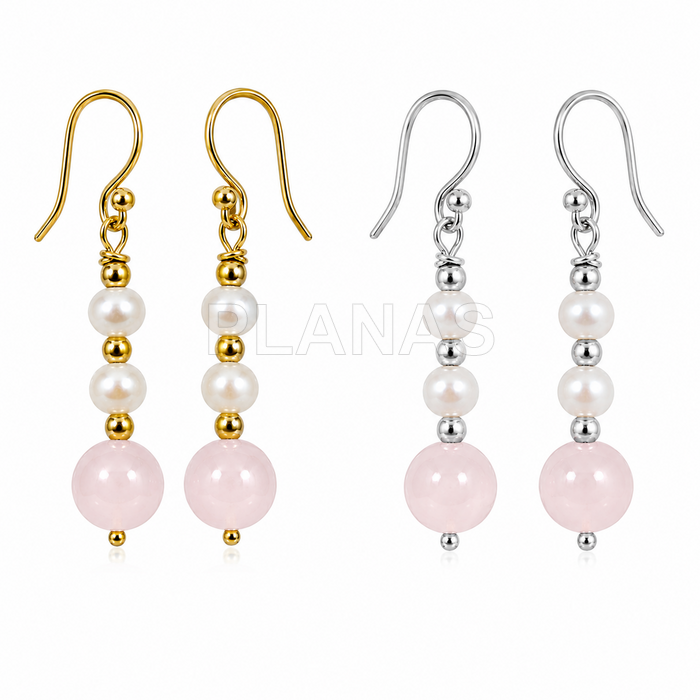 Brincos em prata de lei com quartzo rosa e pérola cultivada.  