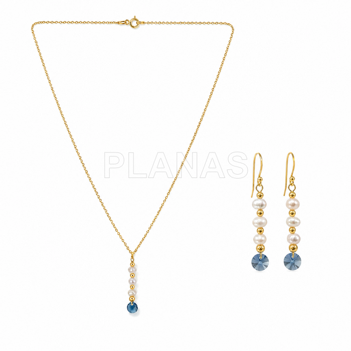 Conjunto de brincos e colar em prata de lei e banhado a ouro com componente swarovski.