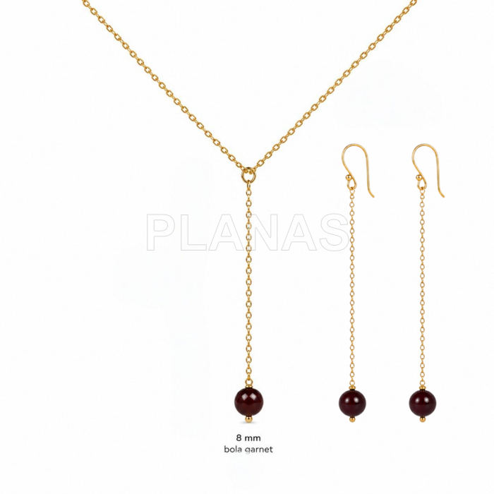 Conjunto de colar e brincos em prata de lei com banho de ouro e granada de 8mm.