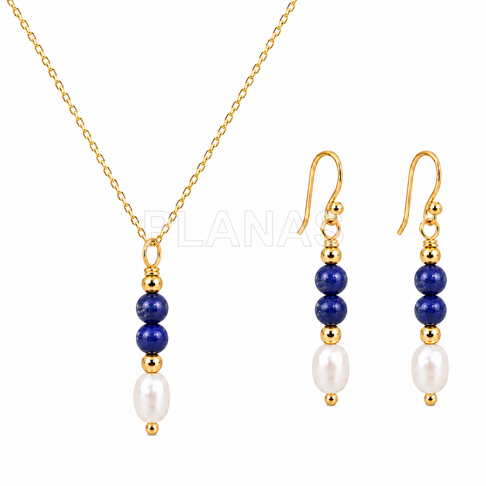 Conjunto Collar y Pendientes en plata de ley y Baño Oro con perla cultivada y Lapizlazuli.  