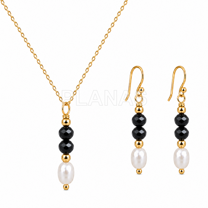 Conjunto Collar y Pendientes en plata de ley y Baño Oro con perla cultivada y Onix.  