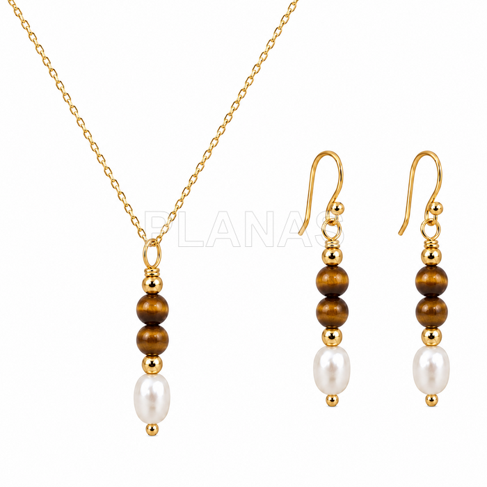 Conjunto Collar y Pendientes en plata de ley y Baño Oro con perla cultivada y Ojo de tigre.  