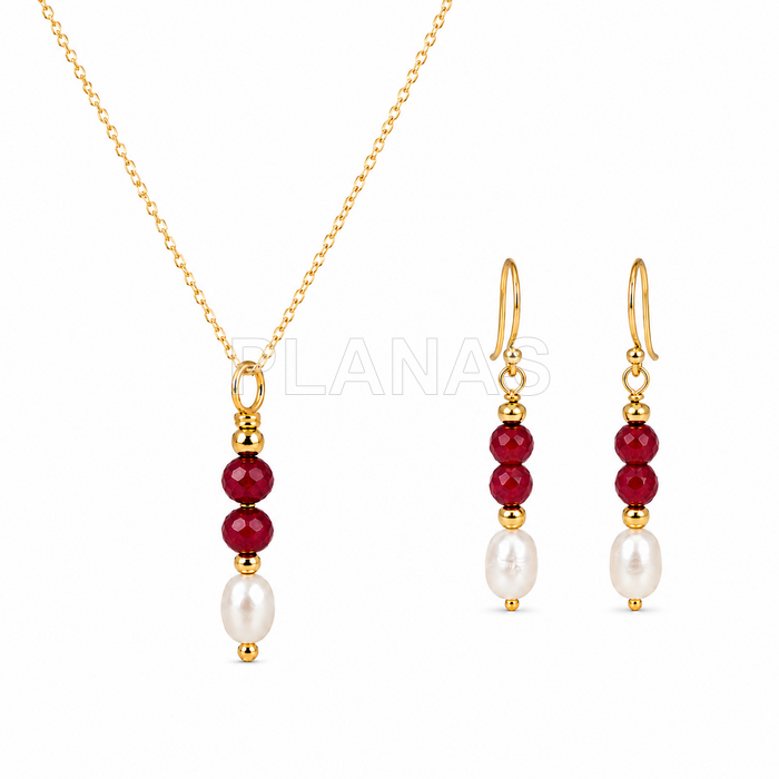 Conjunto Collar y Pendientes en plata de ley y Baño Oro con perla cultivada y Jade de Malasia.  