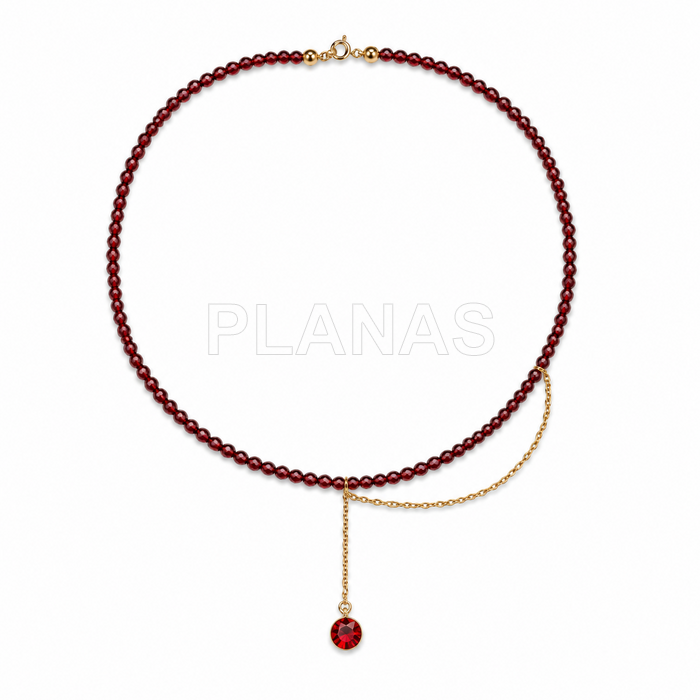 Colar em prata de lei e banhado a ouro com granada de 2mm e cristal sw na cor escarlate.