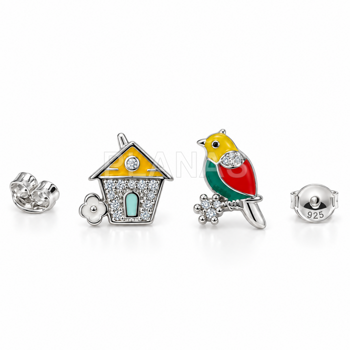Pendientes en Plata de ley rodiada con esmalte y circonitas. CASA Y PAJARO.  
