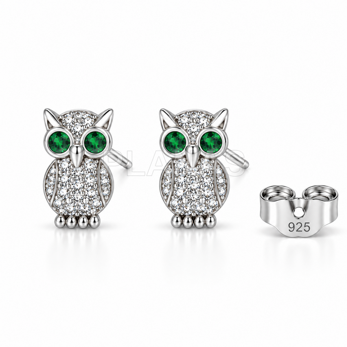 Pendientes en Plata de ley rodiada y circonitas. BUHO.  