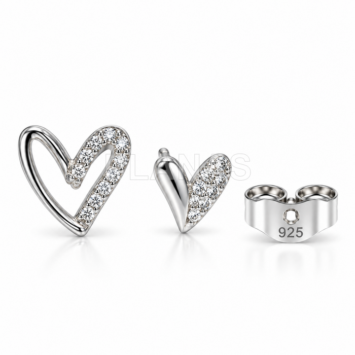 Pendientes en Plata de ley rodiada y circonitas. CORAZONES.  