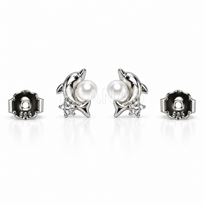 Pendientes en Plata de ley rodiada con Perla Shell 4mm. DELFÍN.