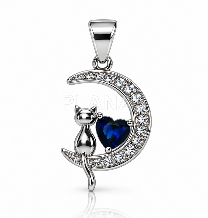 Colgante en Plata de ley rodiada y circonitas. LUNA Y GATO.