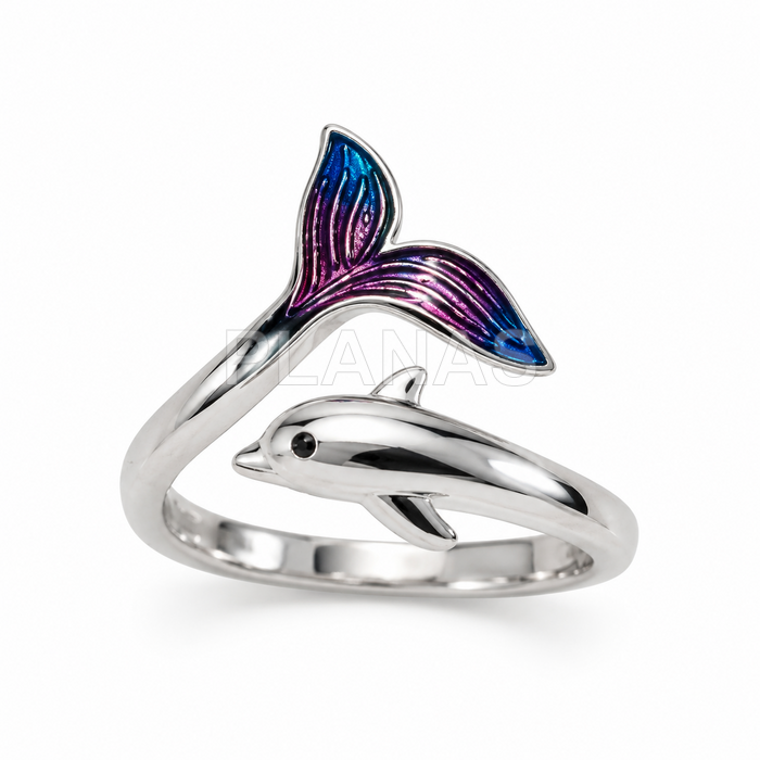 Anillo en Plata de ley rodiada y esmalte. DELFÍN.