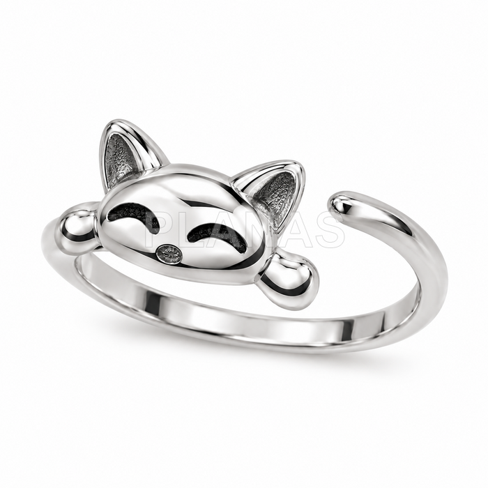 Anillo ajustable en Plata de ley rodiada . GATO.