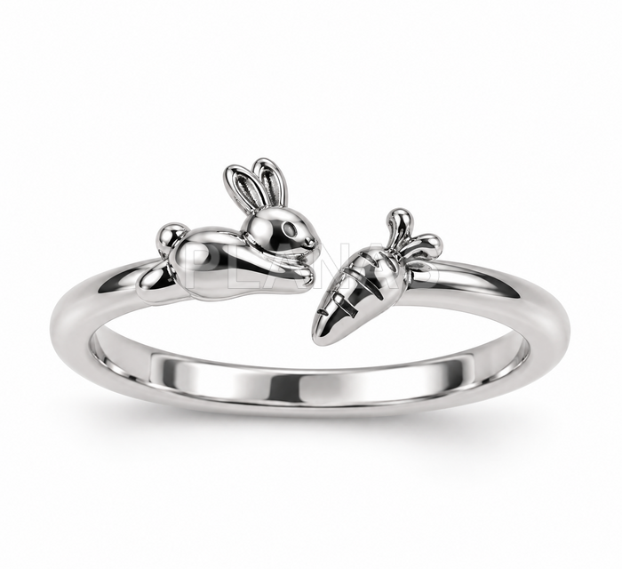 Anillo ajustable en Plata de ley rodiada . CONEJO Y ZANAHORIA.