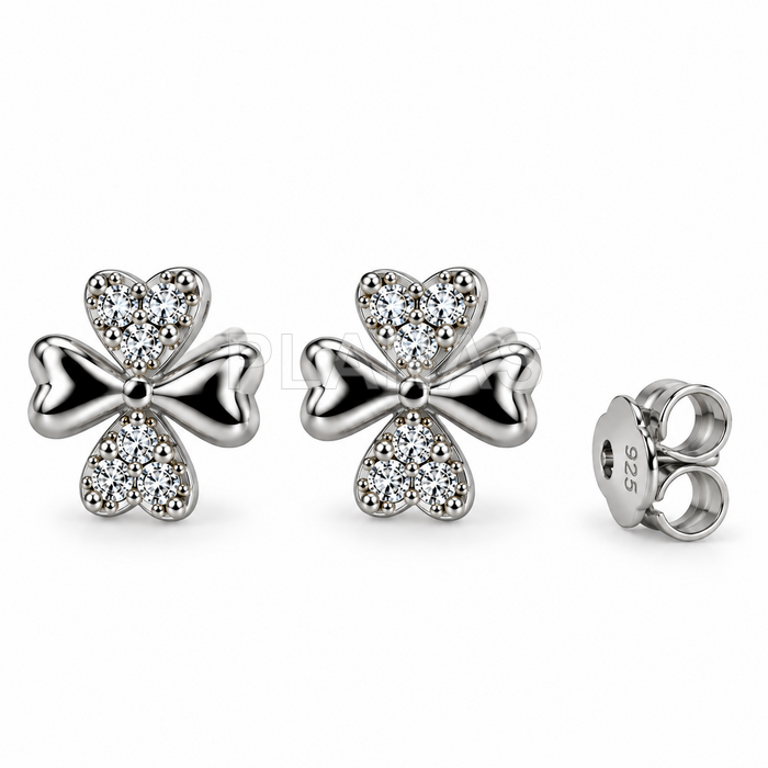 Pendientes en Plata de ley y Circonitas blancas. TREBOL.