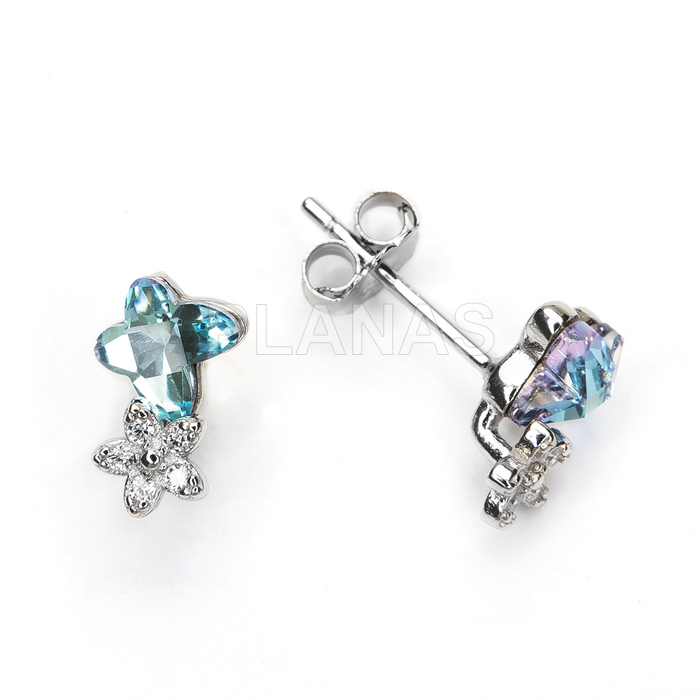 Pendientes en Plata de ley y Circonitas. MARIPOSA Y FLOR.  