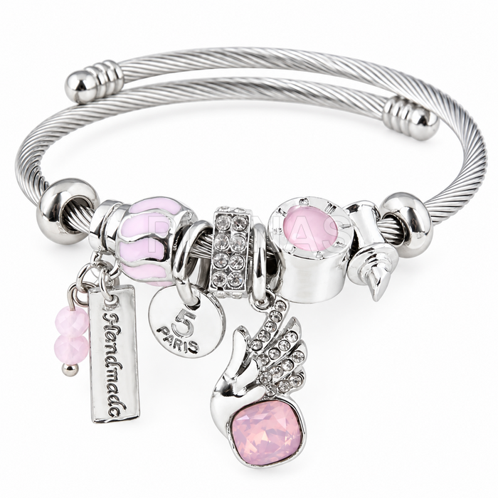 Pulseira ajustável em aço inoxidável 304 com zircônia cúbica rosa.
