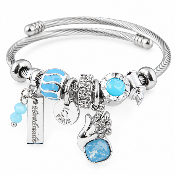 Pulseira ajustável em aço inoxidável 304 com zircônia cúbica azul.