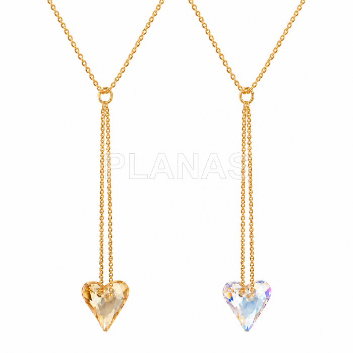 Colar em prata de lei e banhado a ouro, 50 cm, com cristal swarovski. formato de coração.