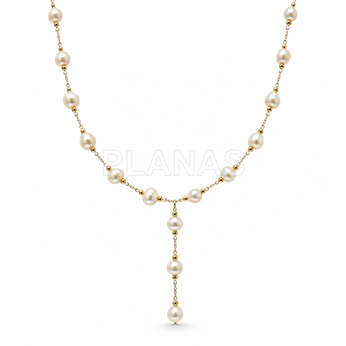 Collar en Acero Inoxidable y Baño Oro con Perlas Cultivadas.  