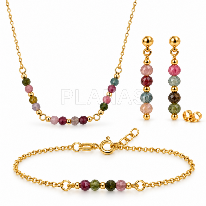 Conjunto Collar, pulsera y Pendientes en plata de ley y Baño Oro con Turmalina de 3mm.  
