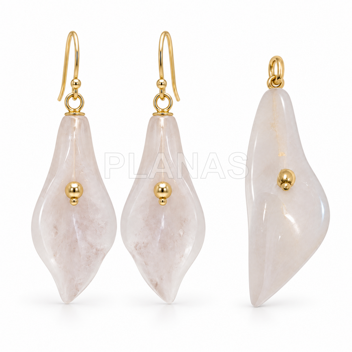 Conjunto de pingente e brincos em prata de lei com banho de ouro e quartzo. lily.  