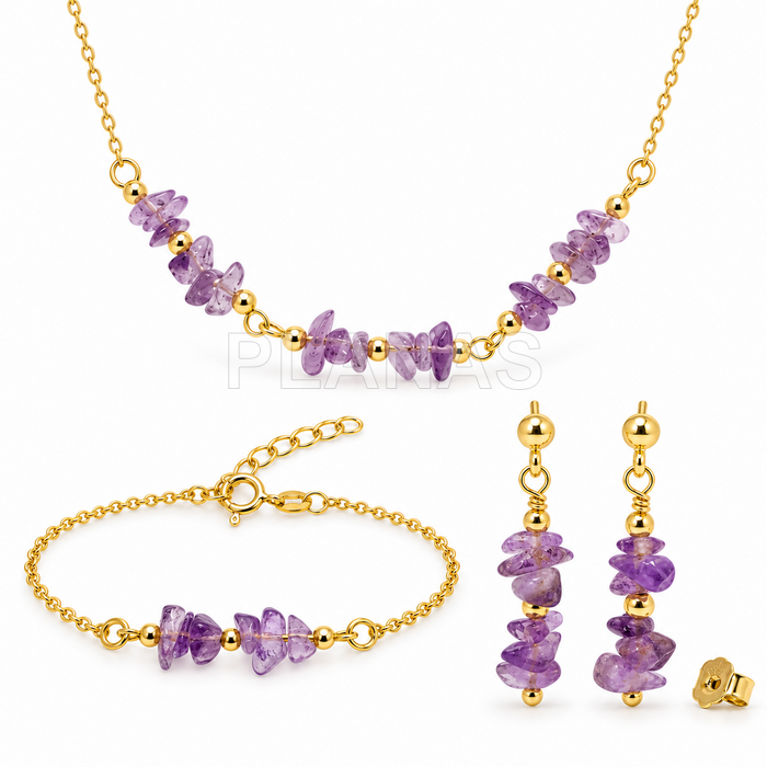 Conjunto Collar, pulsera y Pendientes en plata de ley y Baño Oro con Chips Amatista.  