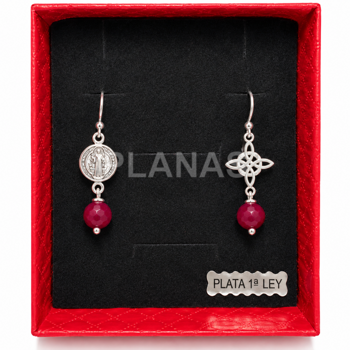 Pendientes en Plata de ley, San Benito, nudo de brujas y Jade. TRIPLE PROTECCIÓN.