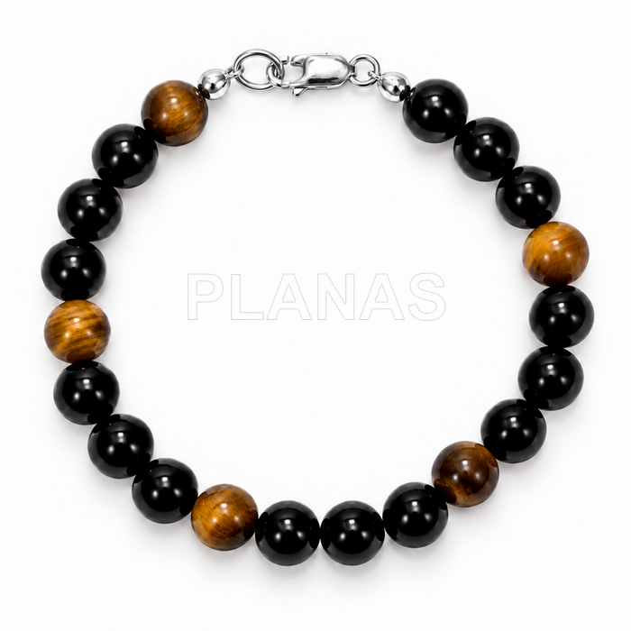 Pulseira em prata de lei com combinação de olho de tigre e ônix.
