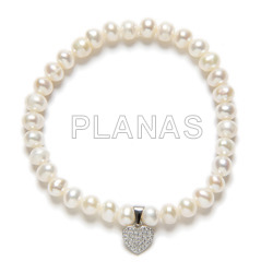 Elastic bracelet with 6mm cultured pearl and heart in sterling silver and zircons.