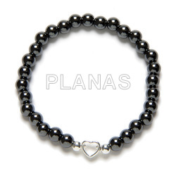 Elastic bracelet with 6mm hematite and sterling silver heart.